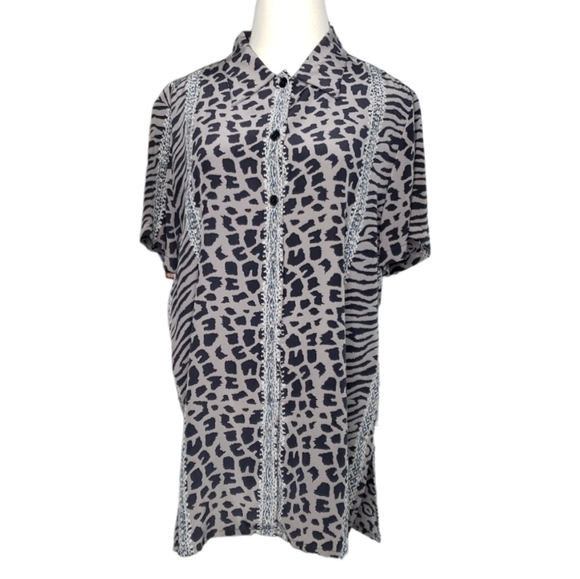 Vintage Mixed Animal Chetah Zebra Havana Bowling Tunic Retro Style Silk Shirt L - Picture 4 of 13